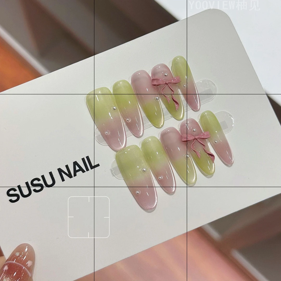 感穿戴甲穿戴甲新款显白粉绿渐变猫眼高级美甲穿戴甲轻奢光疗美甲
