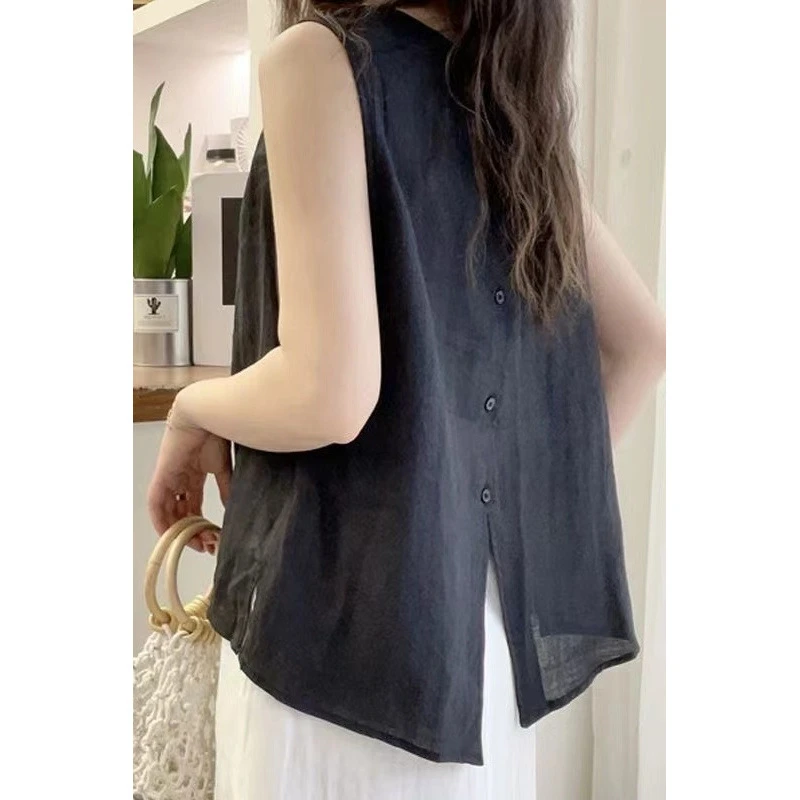 后背开叉纽扣无袖衬衫女夏季2024新款松弛感气质显瘦背心上衣