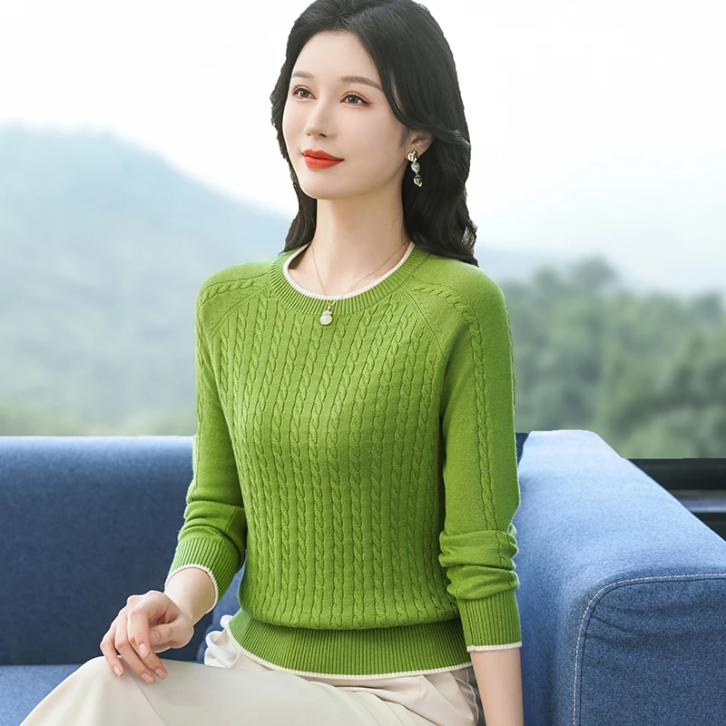 上海品牌春秋薄款纯羊毛衫女小麻花毛衣短款打底小衫圆领针织上衣