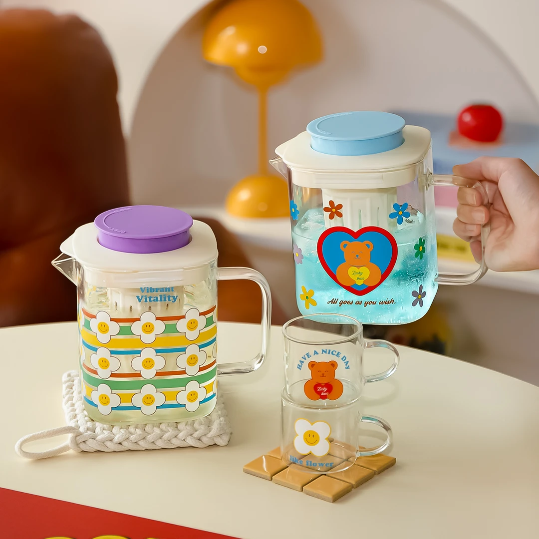 彩虹花花玻璃冷水壶凉水杯耐高温家用大容量泡茶水分离把手杯