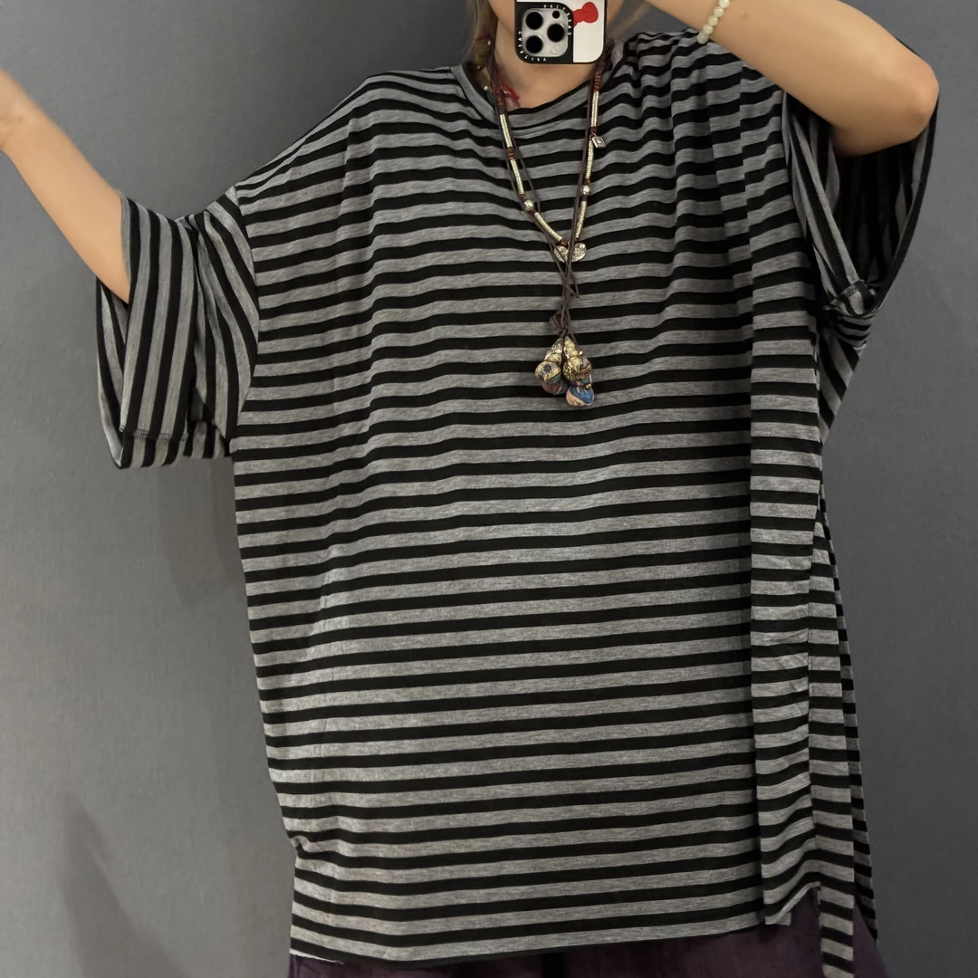 夏季大码条纹莫代尔不规则大版短袖