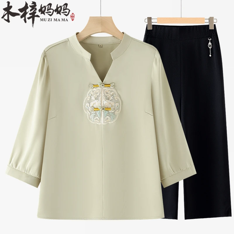 2025夏季妈妈春夏装雪纺小衫中老年女式国风刺绣衬衫衬衣上衣套装