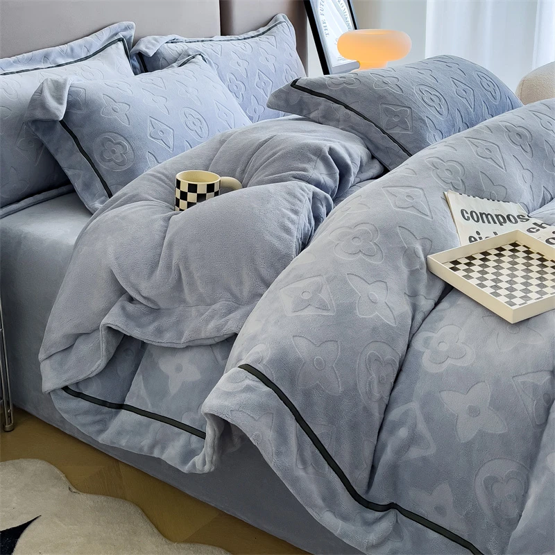 水星家纺适用高端简约冬双面绒加厚压边雕花牛奶绒四件套床上用品