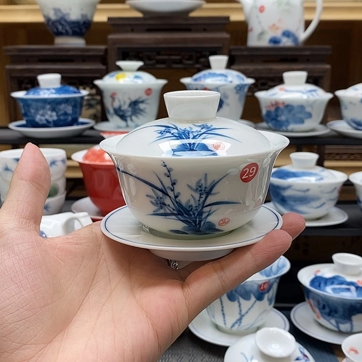 手绘兰花150盖碗釉下彩高温瓷微瑕福利款