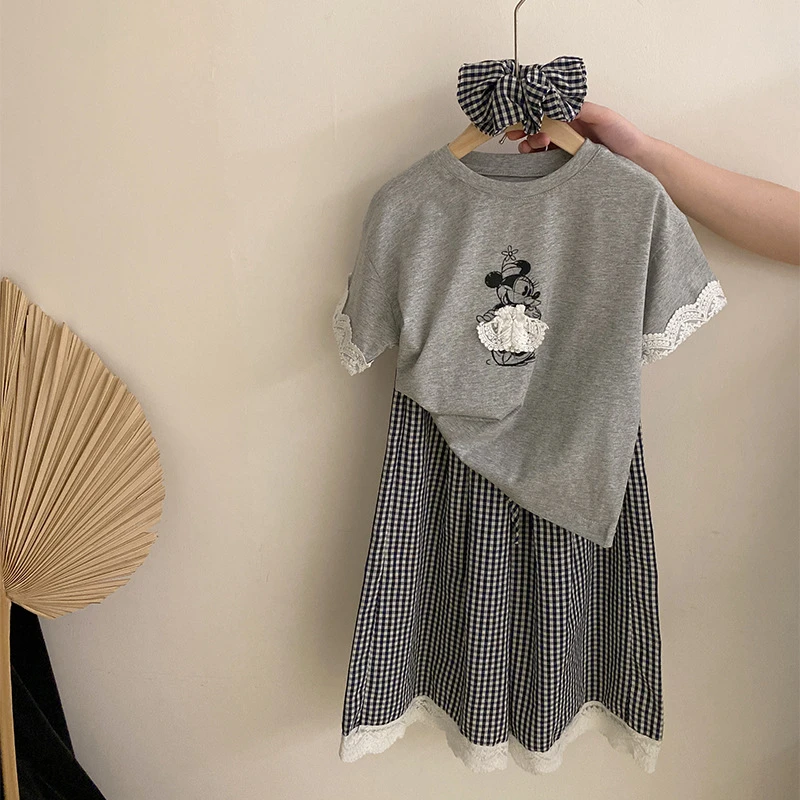 【安安家】女童夏季花边卡通短袖上衣格子宽松阔腿裤子两件套R25319