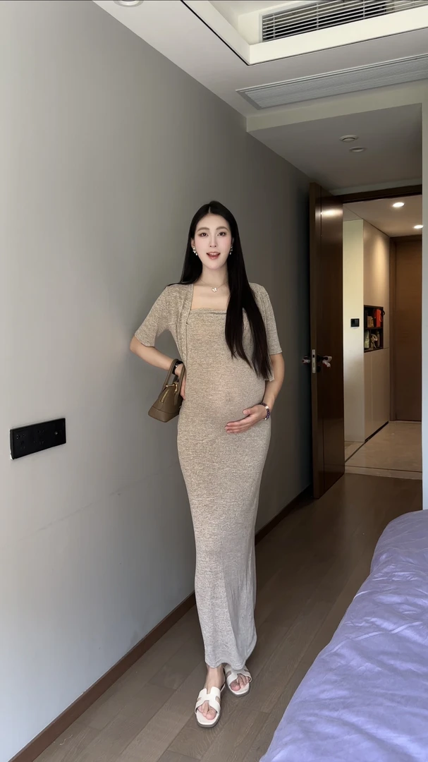 孕妇夏装连衣裙时尚简约2件套辣妈长裙套装