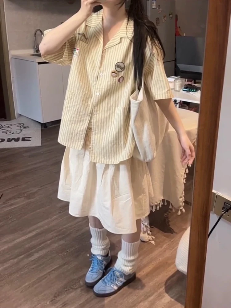 夏季休闲衬衫搭配吊带背心半裙三件套-1871