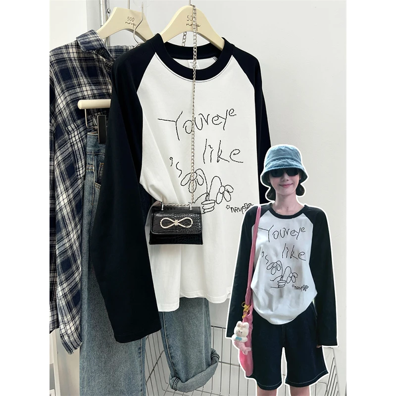 松弛感宽松百搭长袖T恤女圆领拼接字母印花春秋显瘦时尚小众上衣