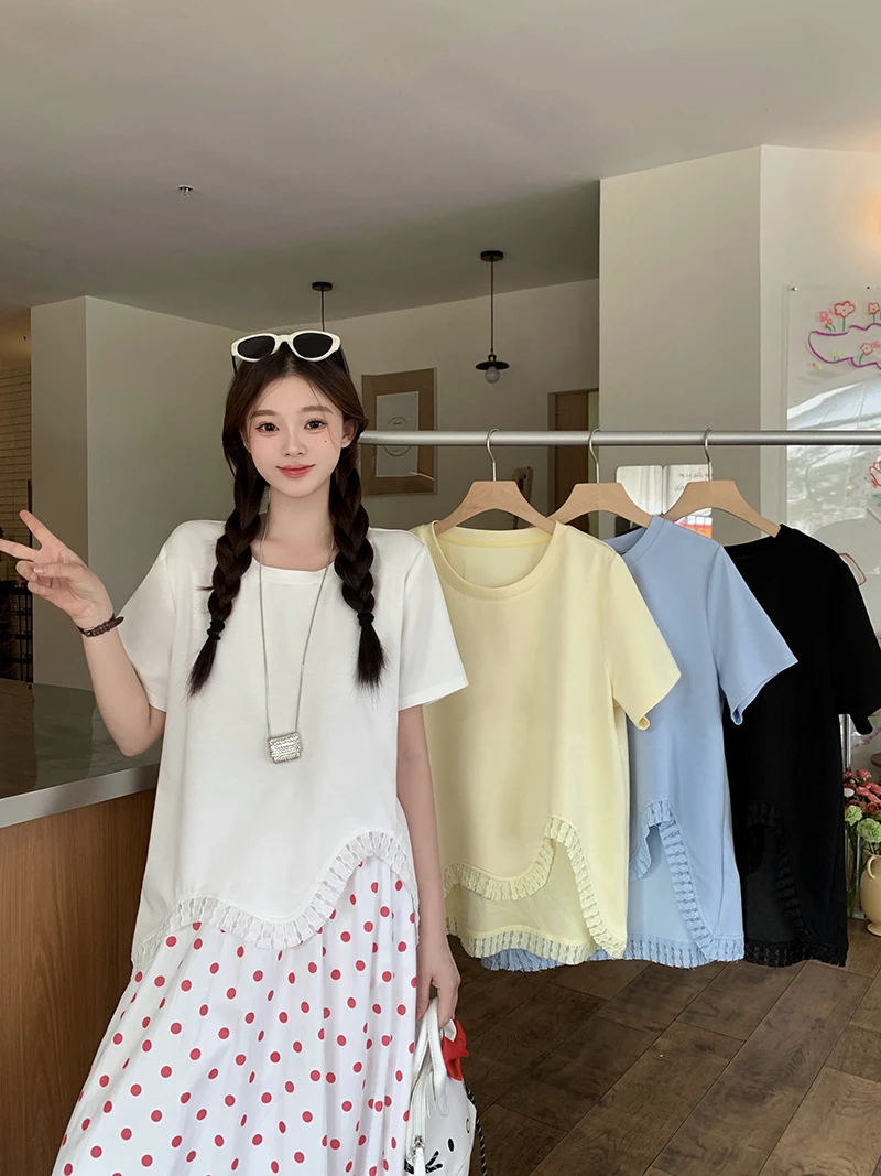 2025夏装新款胖mm大码女波浪木耳边不对称短袖T恤上衣21767