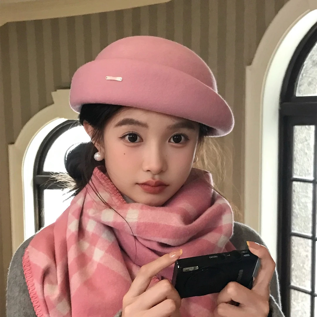 简约优雅澳洲羊毛呢空姐贝雷帽子女秋冬法式复古显脸小毡帽千金