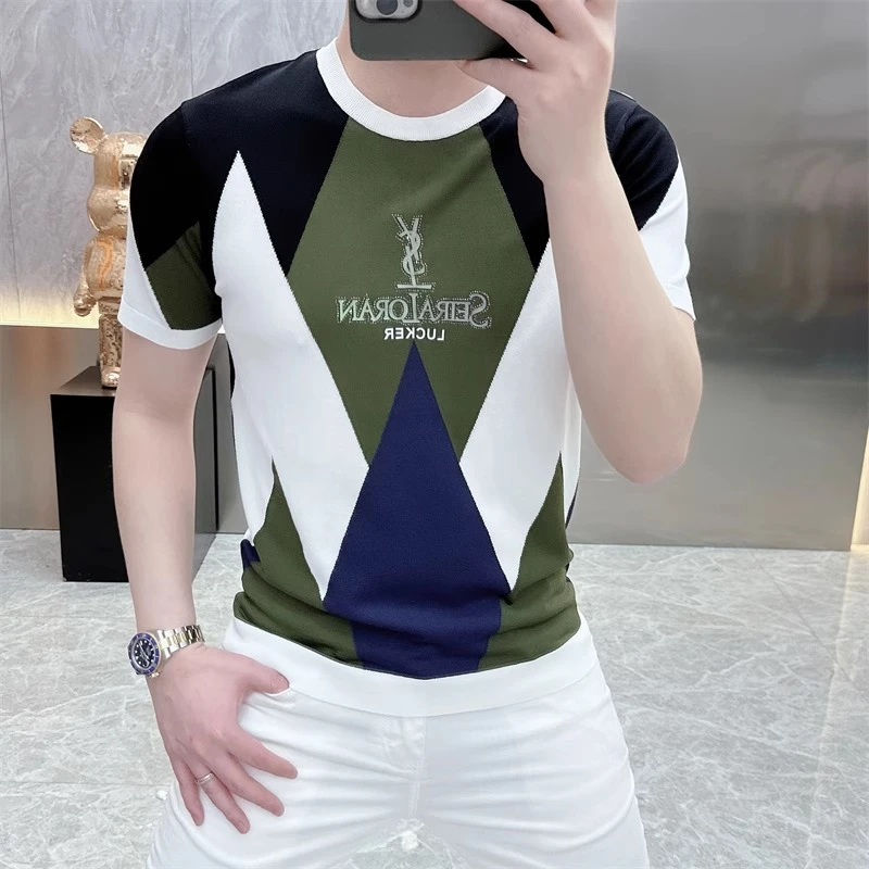 2025欧货轻奢男士针织冰丝短袖T恤印花百搭夏季痞帅半袖上衣25261