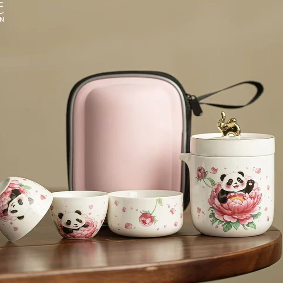 Y5753-熊猫牡丹花茶具户外旅行便携式快客杯茶杯