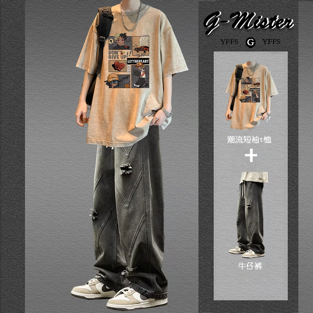 复古水洗做旧短袖T恤男生夏季酷帅穿搭套装宽松半袖痞帅气两件套
