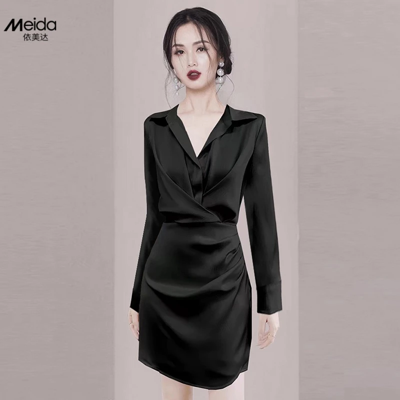 2025年秋新款翻领气质百搭收腰褶皱衬衫裙连衣裙小黑裙宴会小礼服