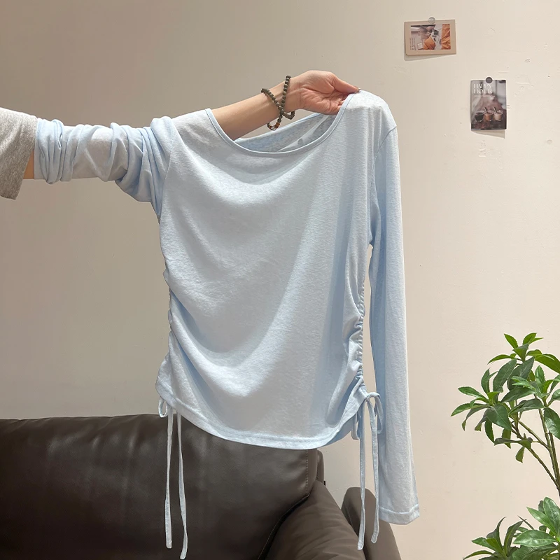 浅蓝色凉感冰丝T恤罩衫女2025夏季新款时尚独特抽绳微透薄款上衣