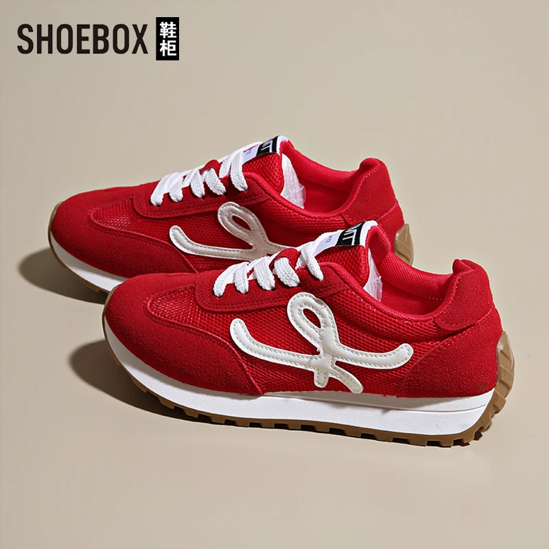 SHOEBOX鞋柜红色复古阿甘运动鞋女夏季透气网面软底休闲德训鞋