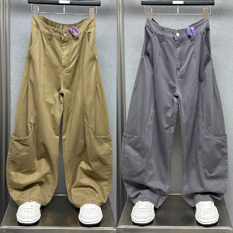 秋季新款美式男士宽松复古水洗弯刀工装裤潮流时尚阔腿休闲直筒裤