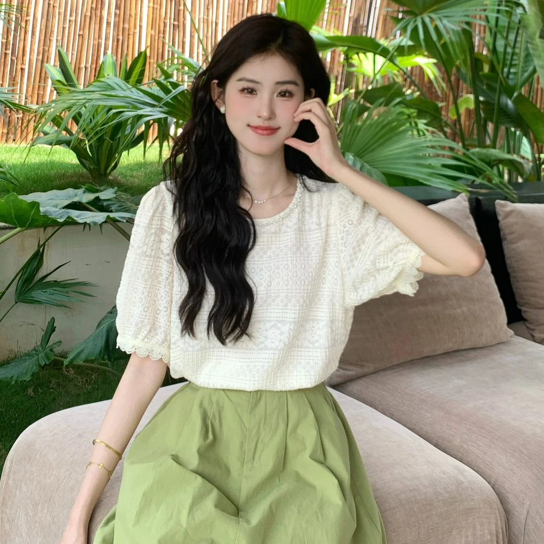 慕兔法式温柔蕾丝花边衬衫上衣2025夏季新款百搭设计款气质短袖潮