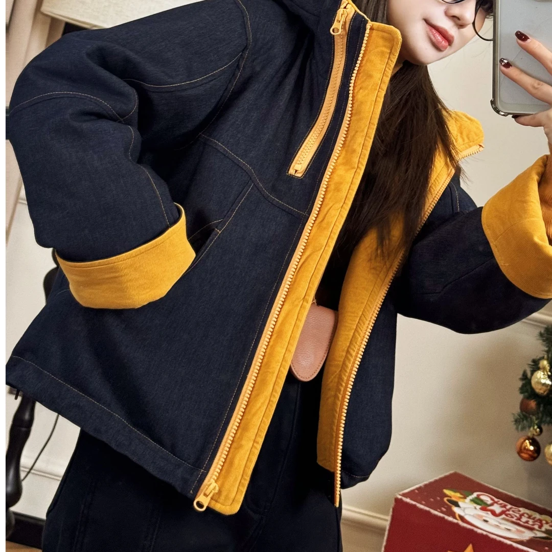 【PGXIAOM】mini定制蓝色连帽拼色羽绒服外套YR9619