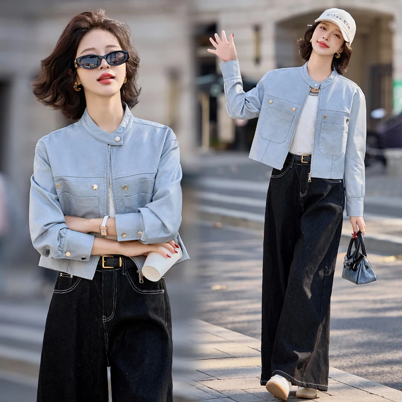 春季女装新款时尚宽松港版洋气短款拉链水洗皮立领女士网红款外套