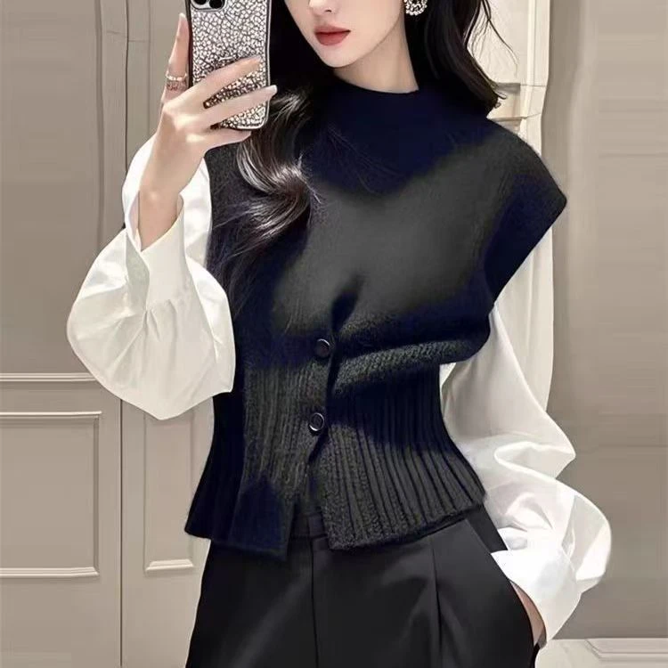 假两件针织衫上衣学院高级感超好看独特漂亮设计感黑色毛衣女春秋