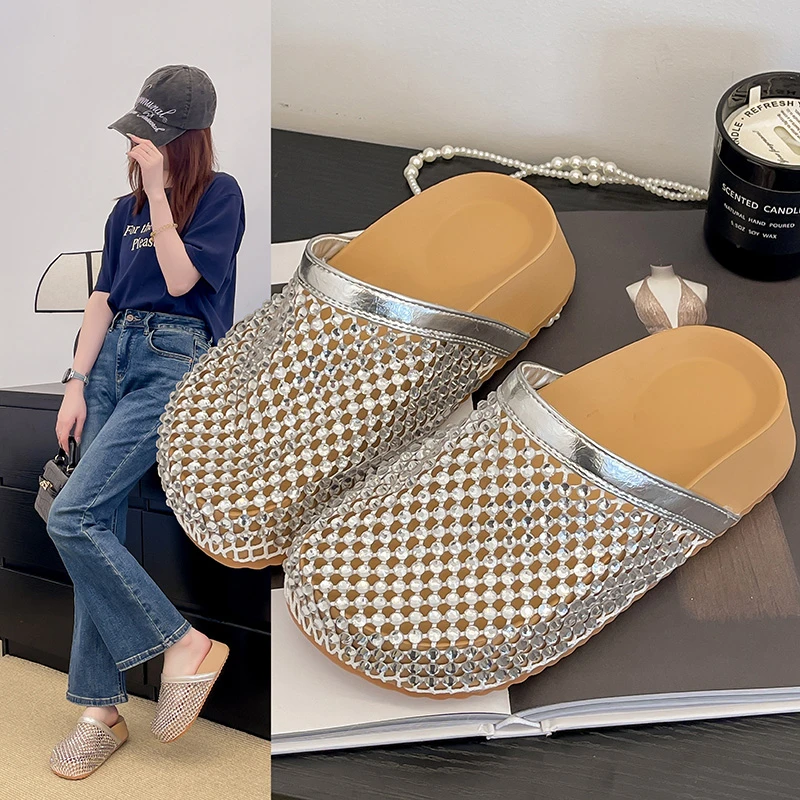 渔网袜拖鞋女2025年夏季欧美爆款水钻低跟厚底凉鞋女水钻包头拖鞋