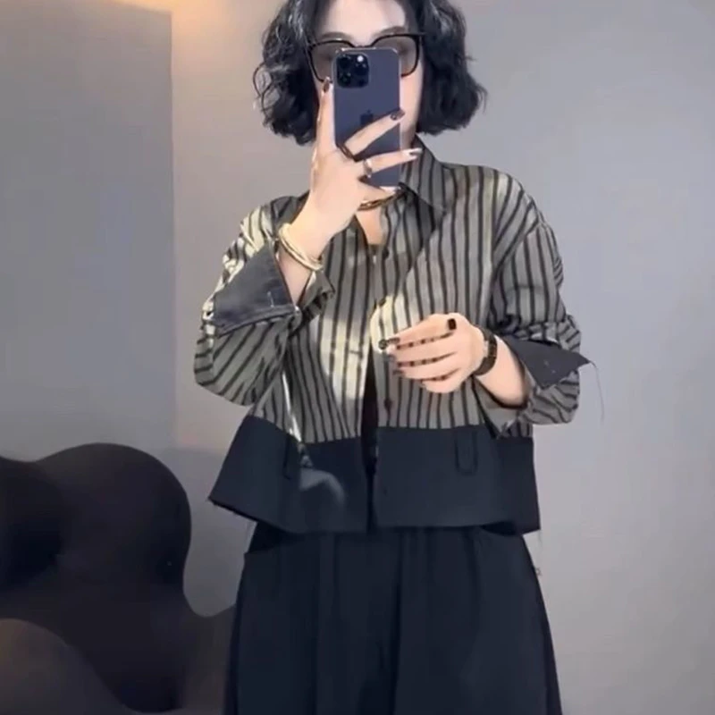 欧货复古条纹拼接长袖衬衫2025春秋新款今年流行小衫设计感短上衣
