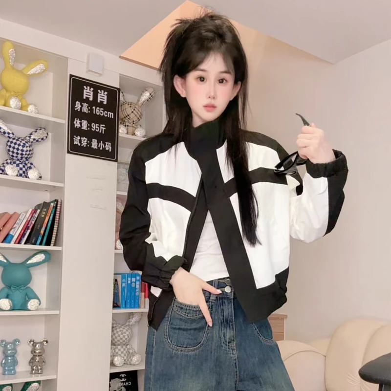 拼色立领短外套女2025年新款休闲百搭小个子潮流上衣机车外套