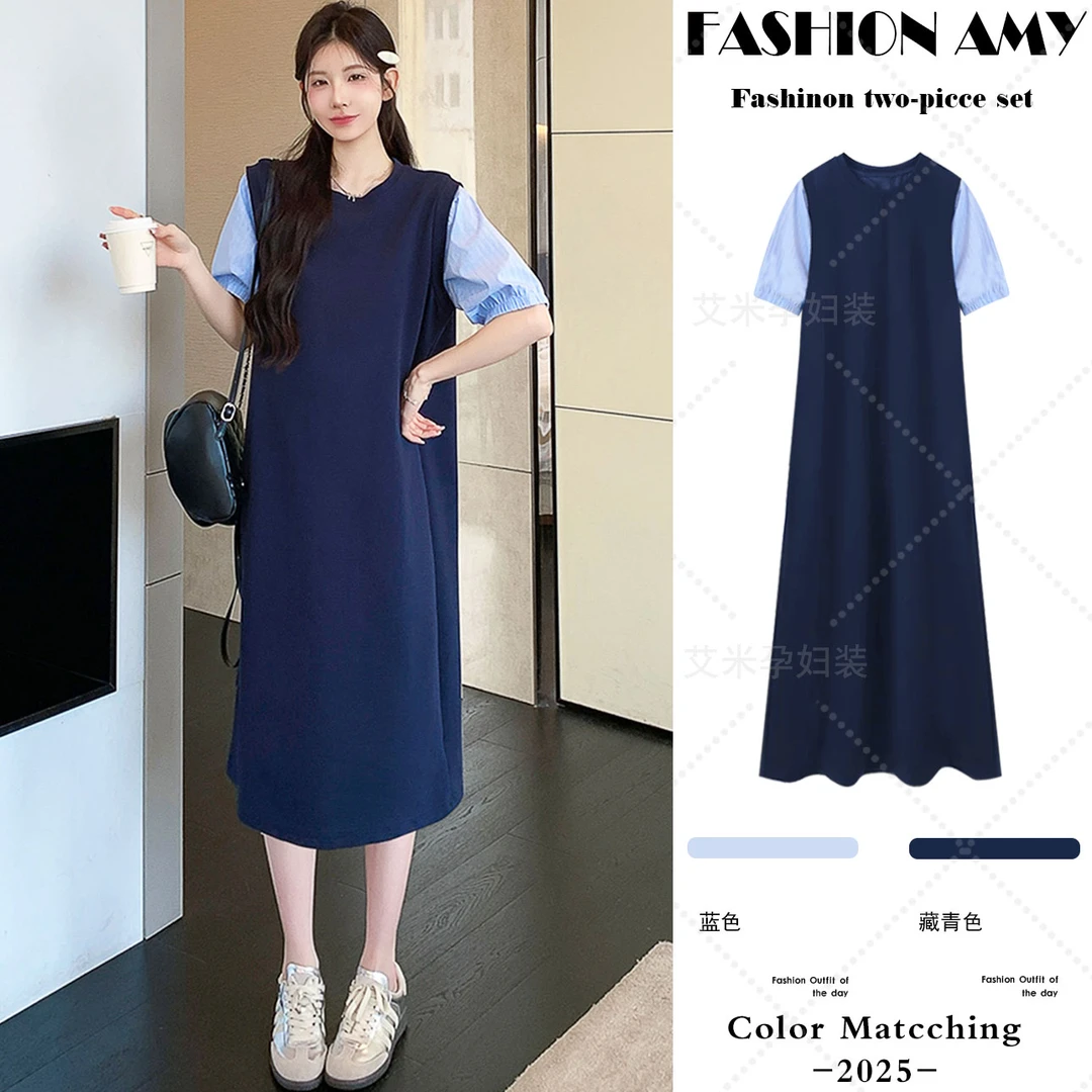 孕妇连衣裙夏季新款时尚韩版休闲简约拼接假两件显瘦中长款裙子女