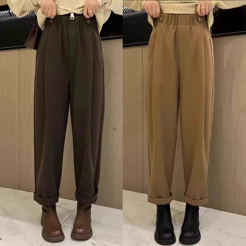 大码加厚休闲毛呢裤女2025年冬季新款梨形身材高腰宽松显瘦哈伦裤