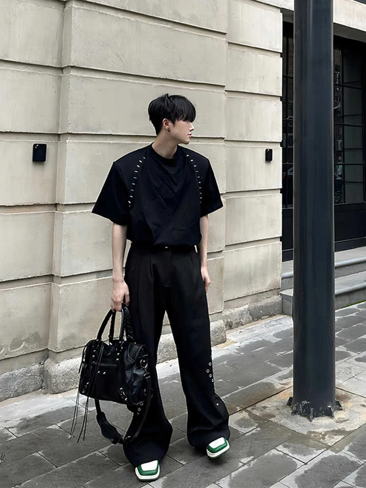 【小蕾】高级感垫肩短袖T恤男女夏季宽松痞帅金属装饰小众设计感