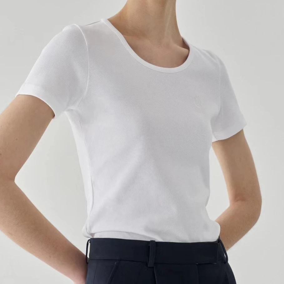 桃桃家【舒适气质】韩美娜^夏简约刺绣圆领纯色修身短袖百搭T恤157