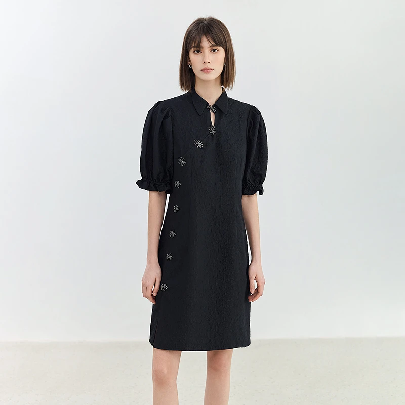 LILY国风新中式暗玫瑰提花连衣裙女小黑裙124240C7254