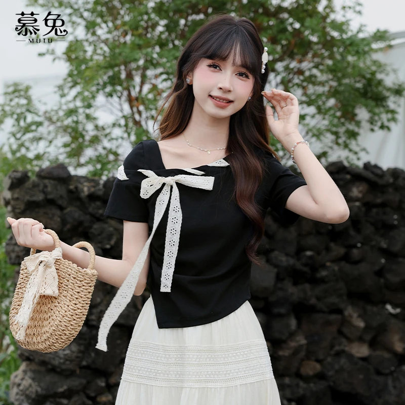 慕兔法式修身斜领短袖t恤女2025夏季新款设计感小众蝴蝶结短上衣