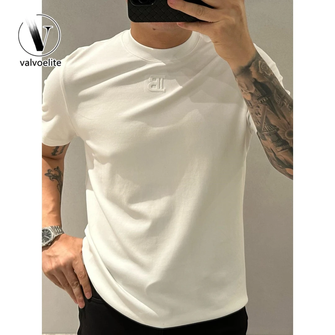 VALVOELITE2025春季高品质字母刺绣短袖t恤男修身欧货体恤打底衫