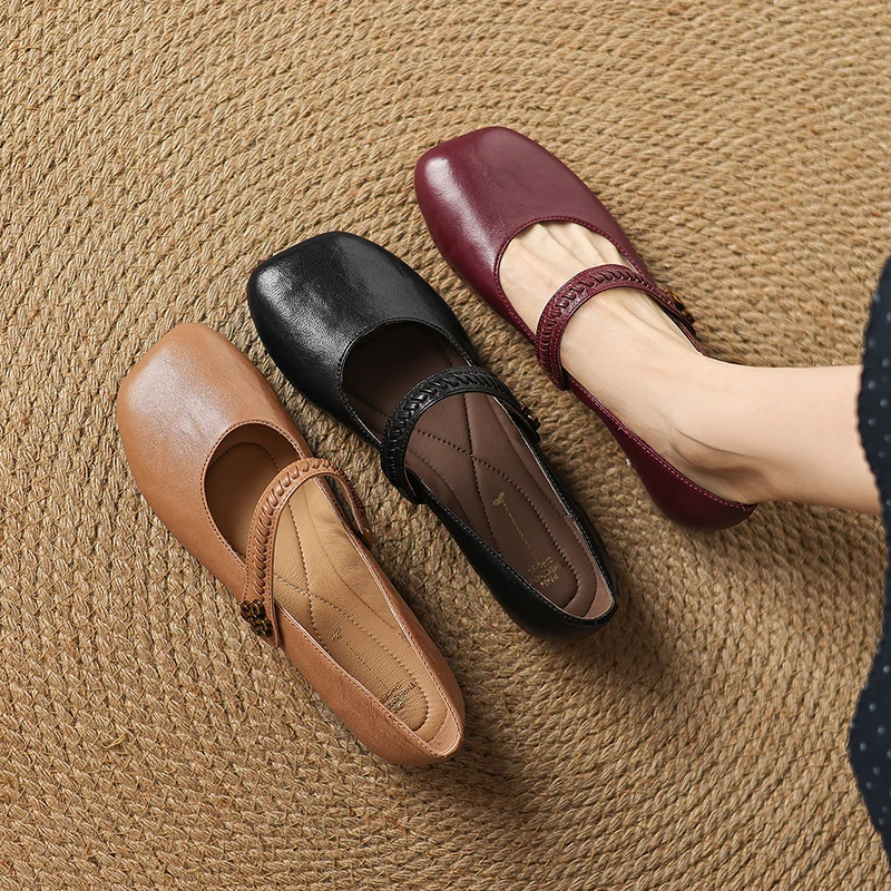 超软羊皮平底妈妈鞋春秋新款方头一字带单鞋浅口优雅玛丽珍奶奶鞋