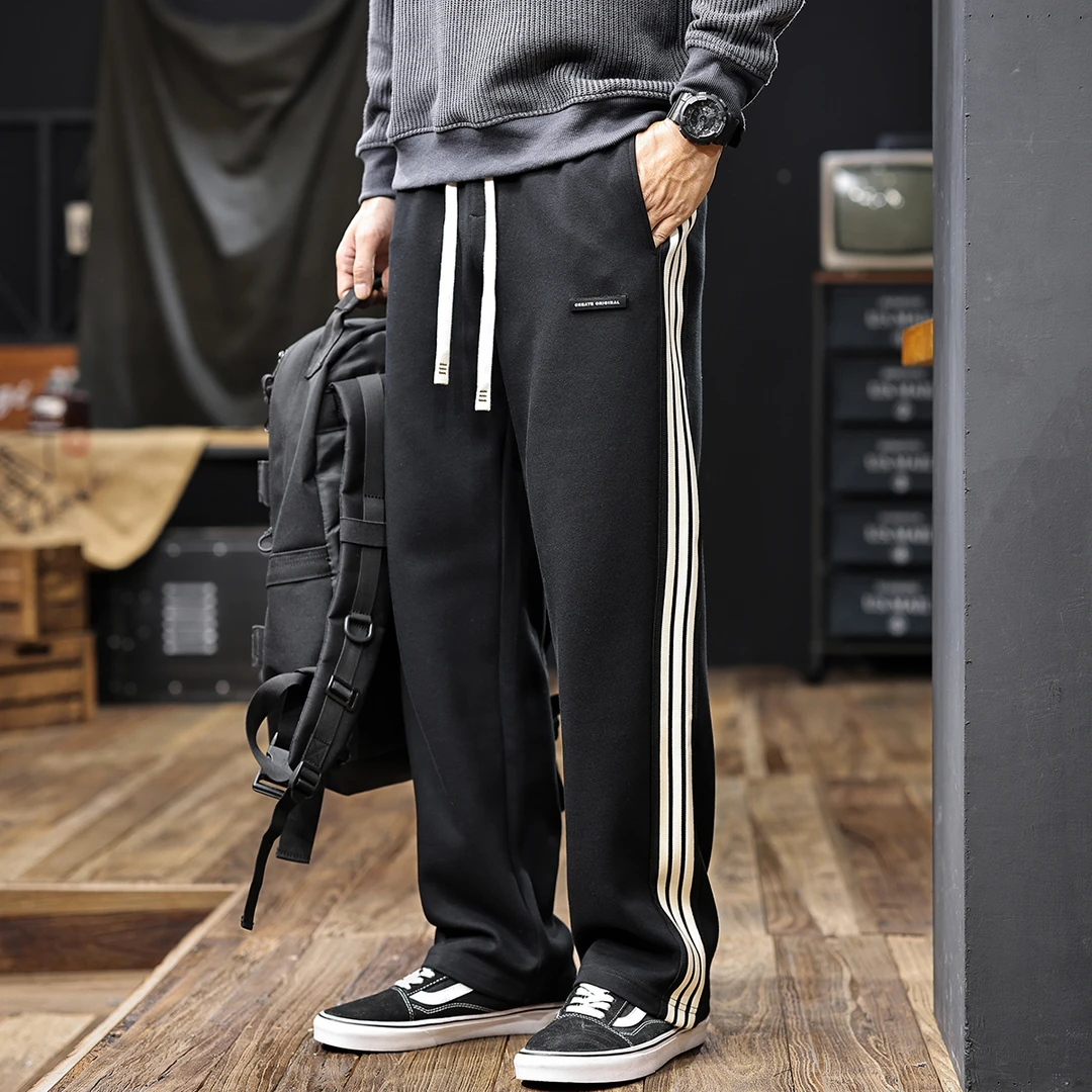 重磅条纹运动卫裤男青年潮牌宽松直筒阔腿长裤子春秋款休闲裤加绒