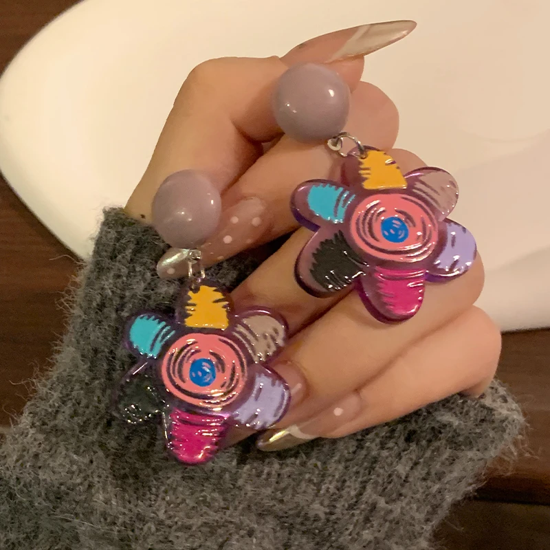 合金耳饰 YOUJUclub-紫色涂鸦花朵耳环少女心可爱夏季花卉QC023