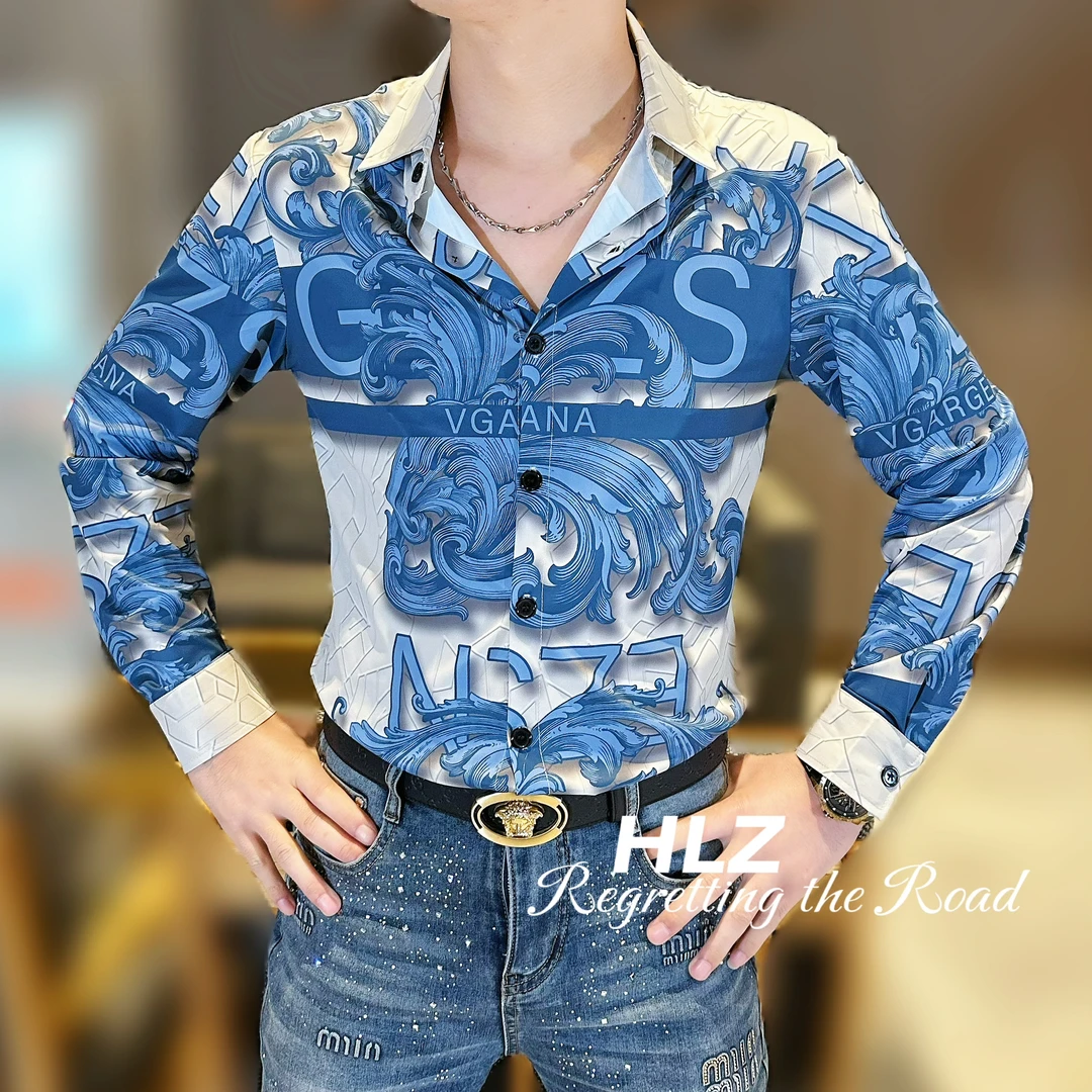 2025春季新款修身字母印花休闲时尚百搭显瘦男士衬衫