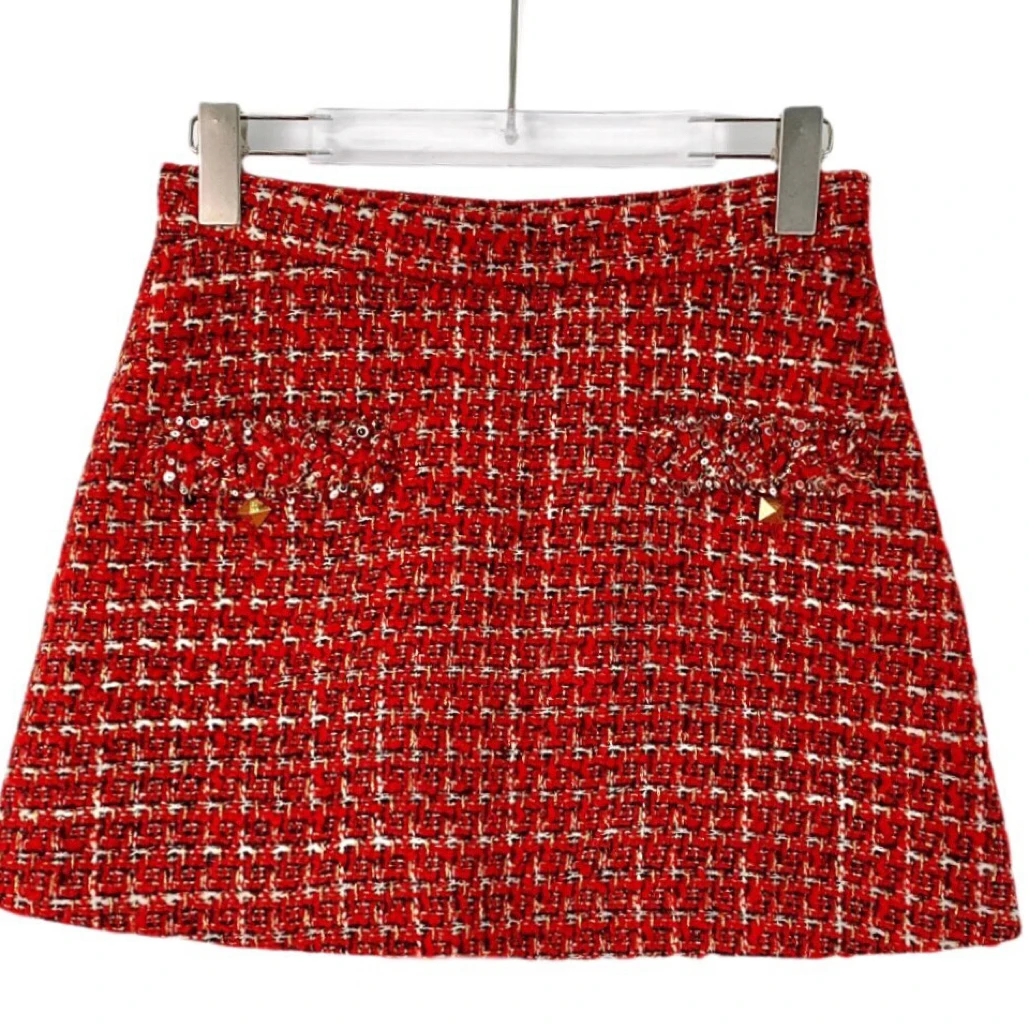 99新 Valentino/华伦天奴 红色粗花呢裙裤/44码/D01958