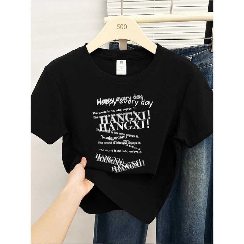 韩版时尚字母印花圆领短袖T恤女夏新款设计感百搭正肩显瘦上衣潮