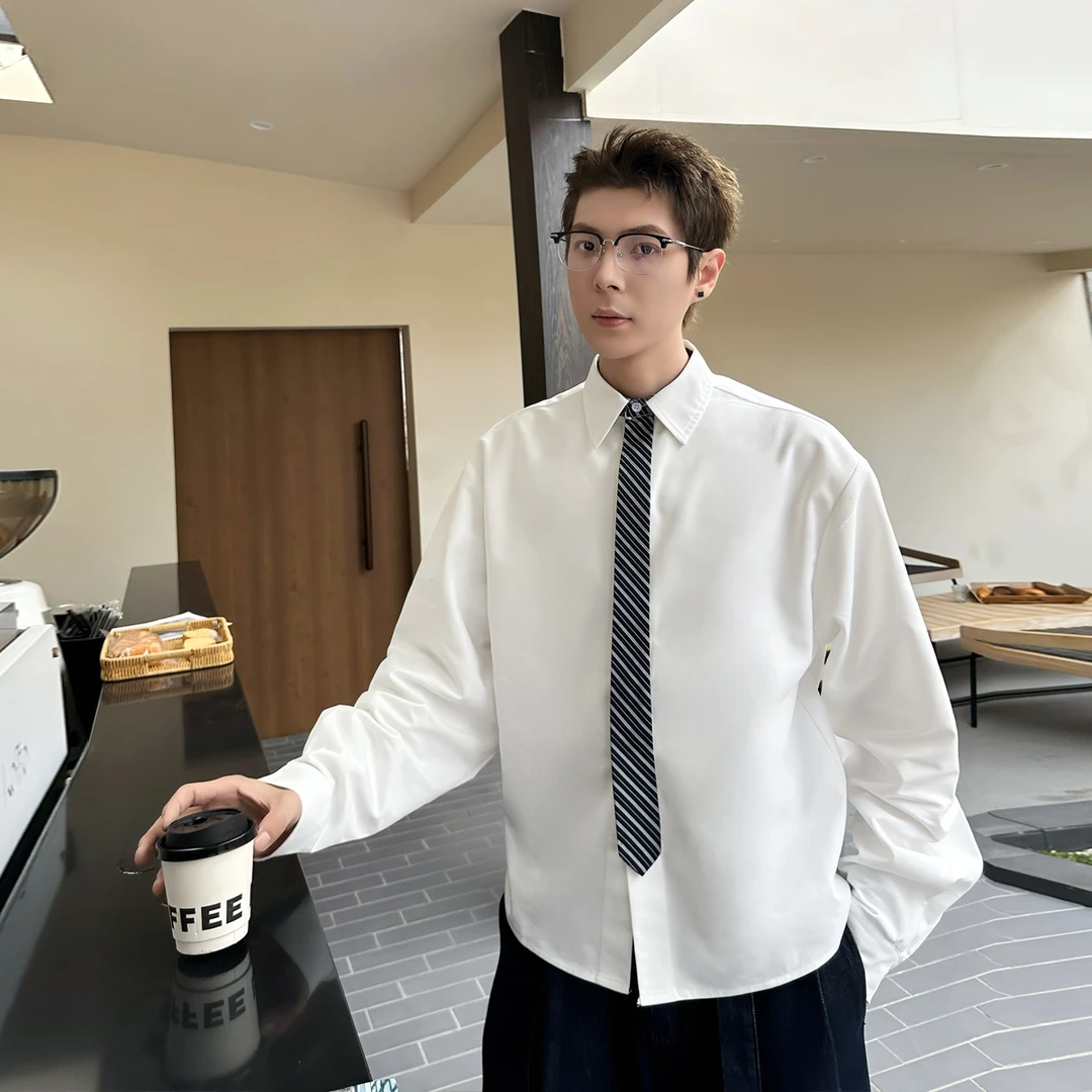 高级感感白色cleanfit潮流长袖衬衫男宽松领带设计感衬衣