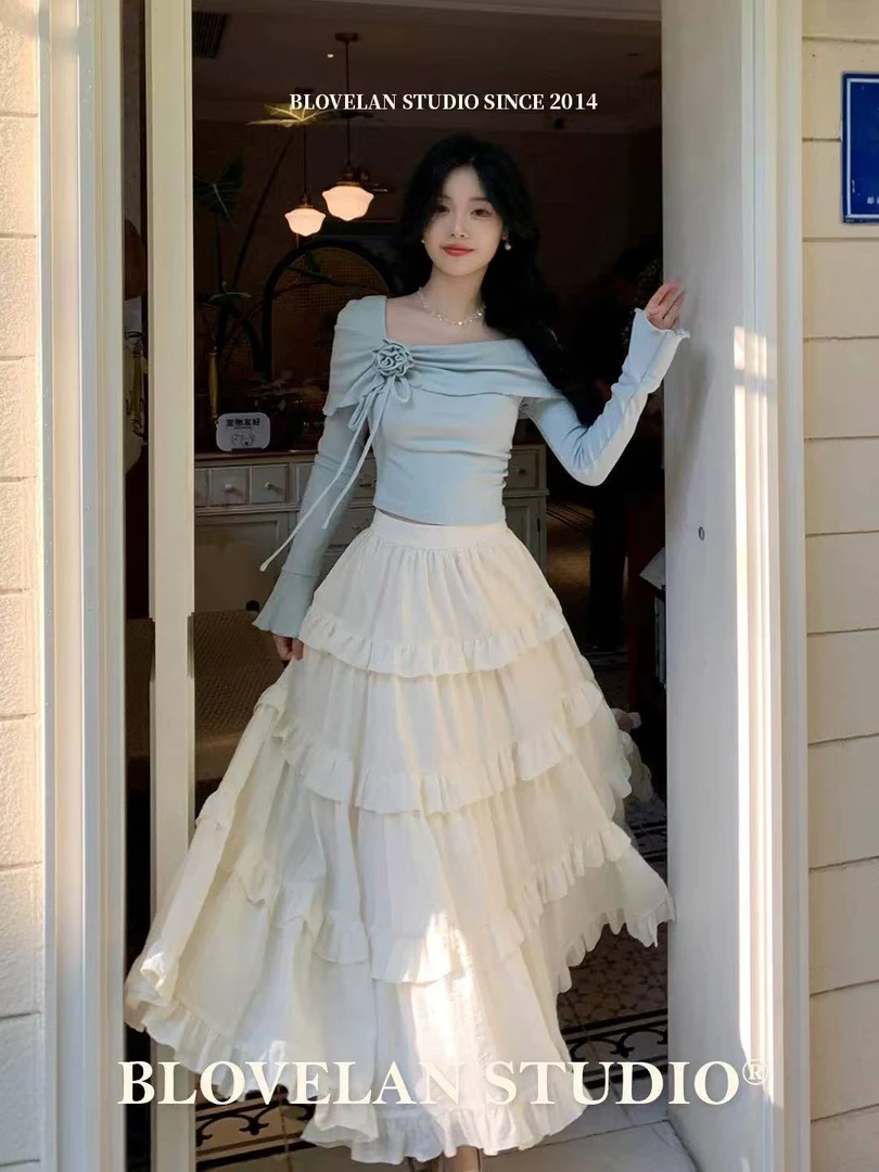 【昙花未满】温柔气质仙气长裙重工多层花边蛋糕半身裙百搭两件套