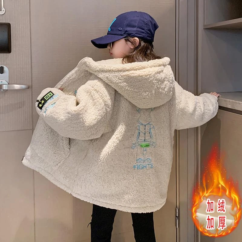 女童羊羔绒外套秋冬款2025新款儿童加绒加厚毛毛衣中大