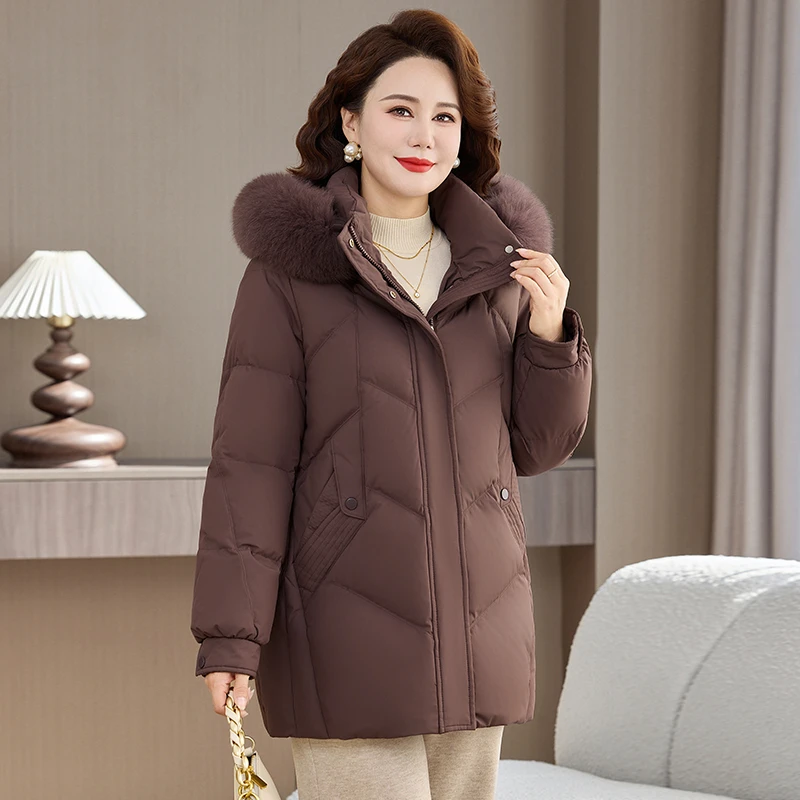 中年妈妈羽绒服女中长款中老年宽松洋气冬装大码加厚大毛领外套