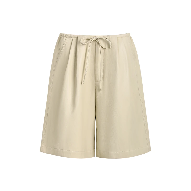 THREE GOOOD/三吉【壁虎姐专属】抽褶金属丝蛋白皮中裤阔腿低腰慵懒