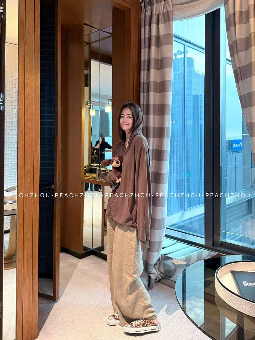 『PEACHZHOU』早秋轻薄软糯基础纯色宽松连帽外套休闲拉链卫衣帽衫