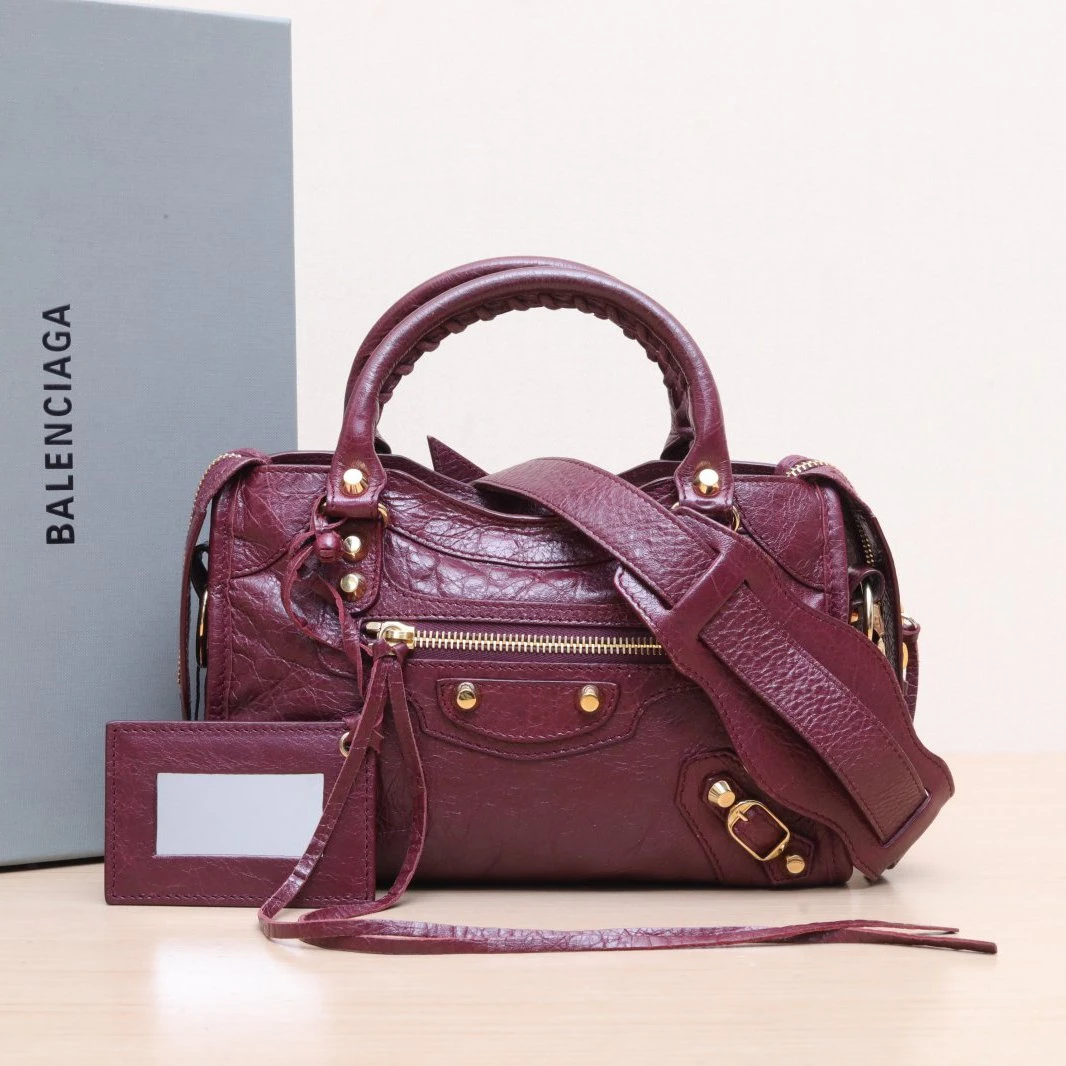 95新 Balenciaga/巴黎世家 小花黑黑 24机车包 紫红色 皮革C金扣