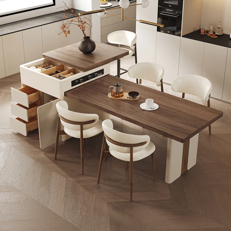 中古风岛台餐桌一体家用可伸缩北美黑胡桃挂边岩板推拉吧台岛台