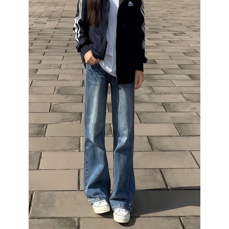 蓝色闪电纹微喇牛仔裤男款美式高街vibe裤子高个子加长窄版直筒裤